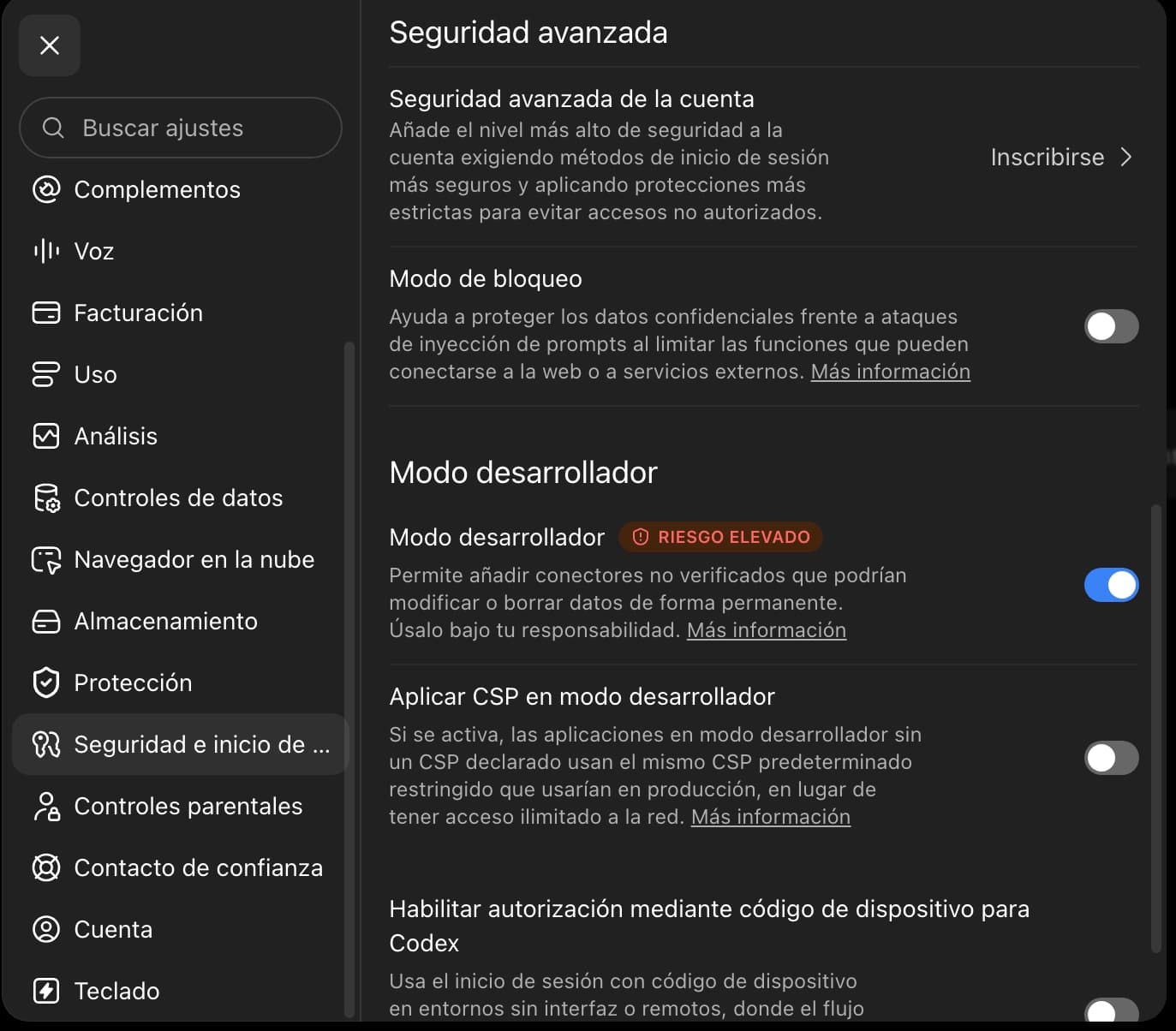 Ajustes de ChatGPT con el interruptor de Modo desarrollador activado