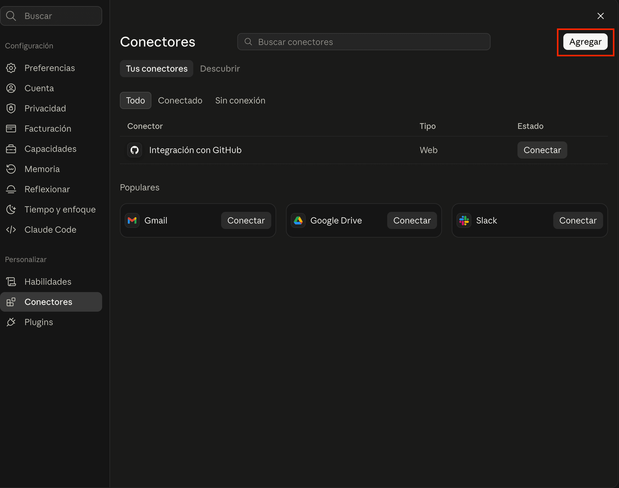 Pantalla Configuración → Conectores de Claude con el botón para agregar un conector personalizado
